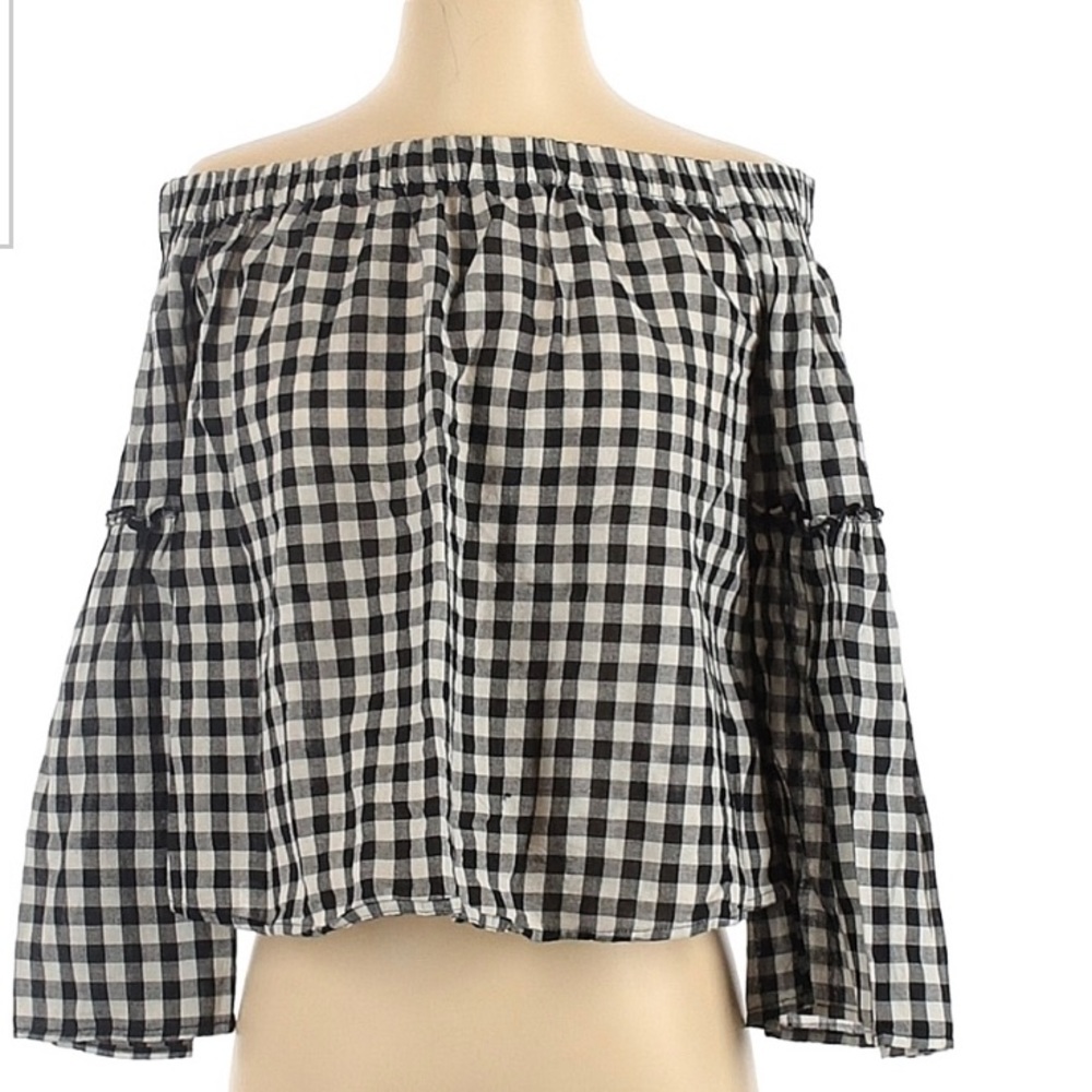 Who What Wear black and white checkered off the shoulder top